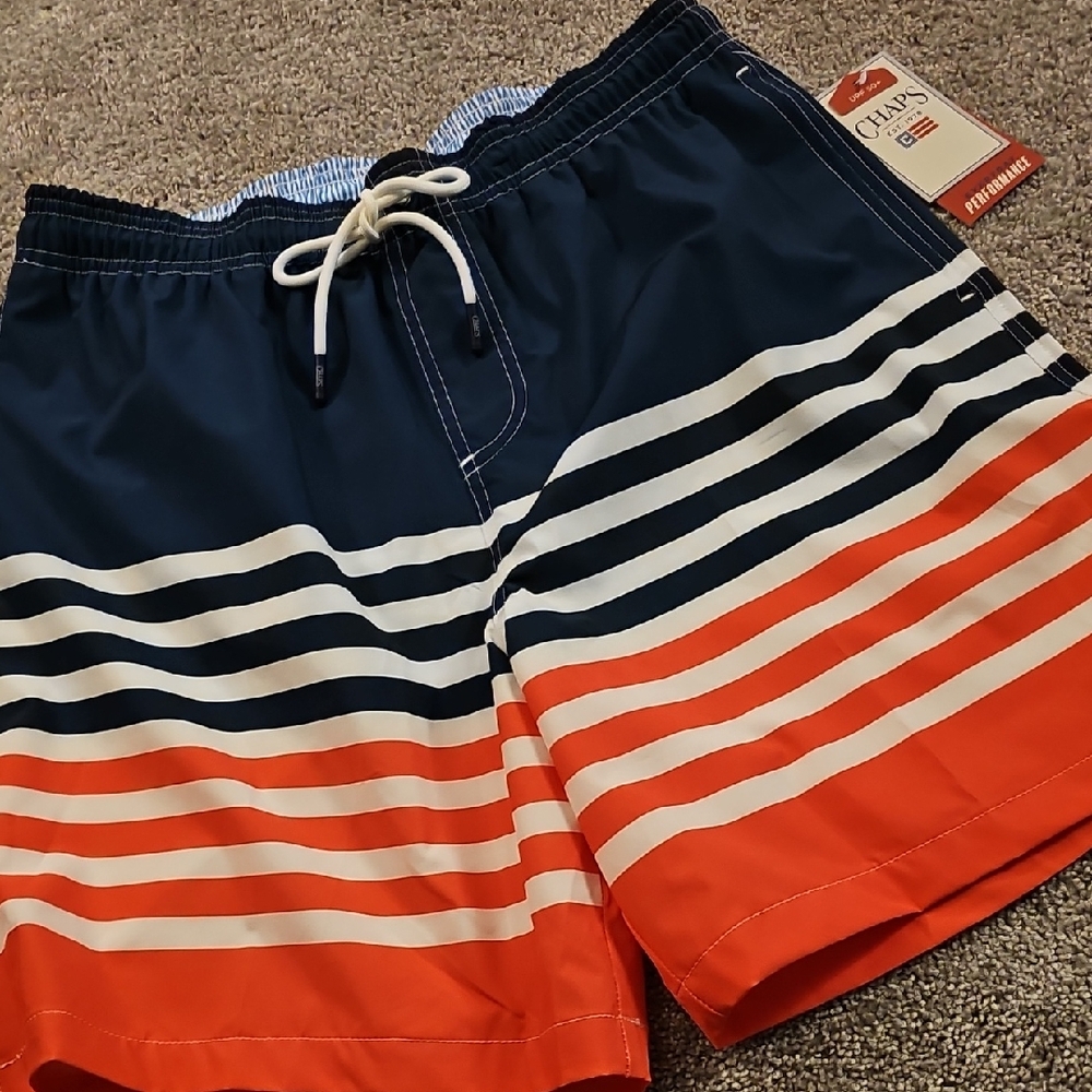 H5🔹️Chaps Navy and Coral Striped Swim Trunks
